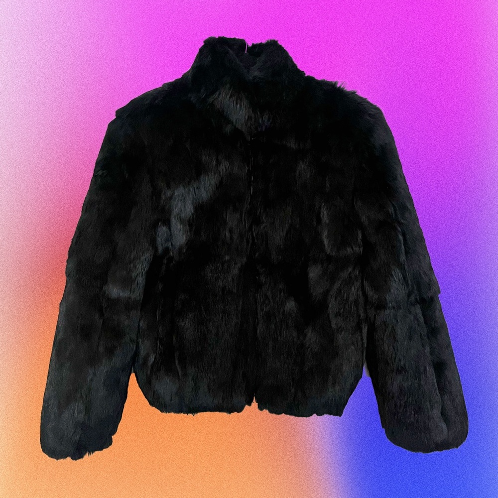 Vintage black rabbit fur boxy zip-up jacket